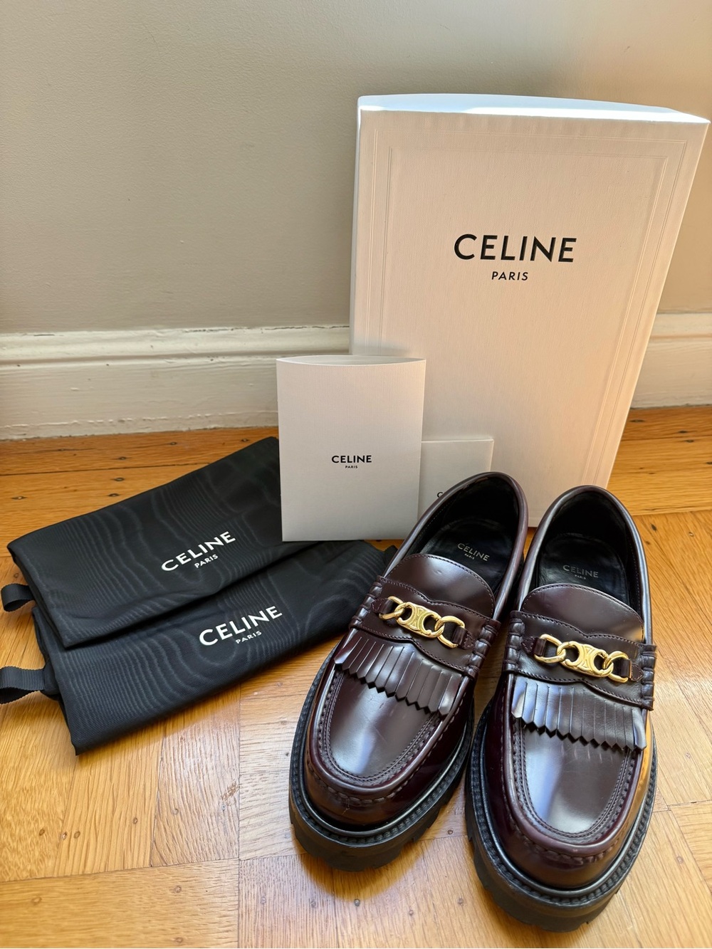 CELINE Burgundy Chunky Loafer w/Triomphe Gold Hardware EU 39